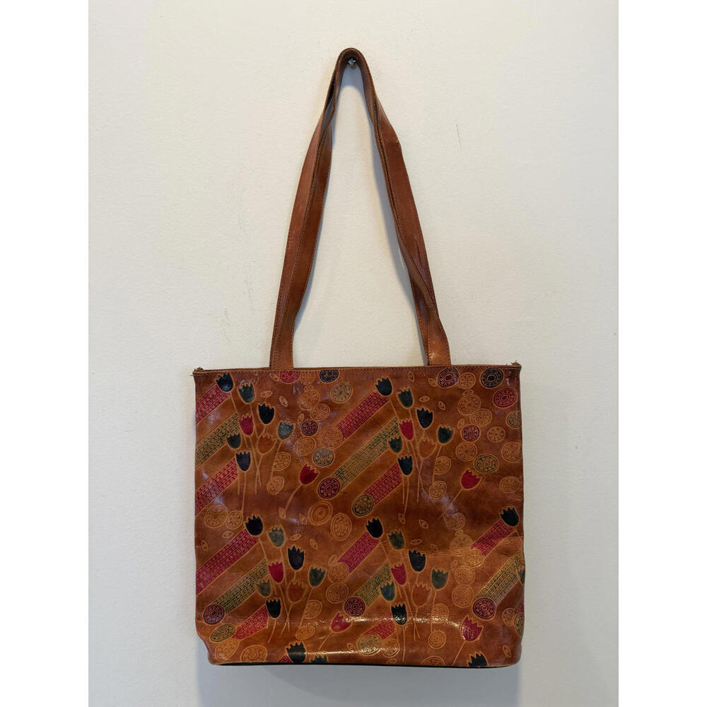 Vintage Leather Tote Bag with Colorful Floral Pattern